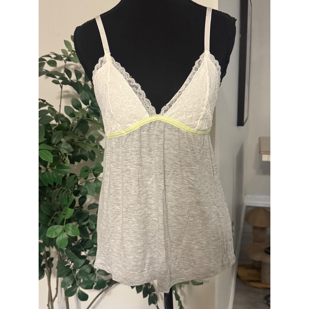Y2K vibe Nicole Miller New York Lace Trim Camisole Top Gray Neon Lime Accent M